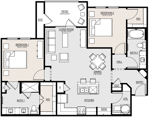Floor plan for 2 beds, 2 baths, 1112 sqft
